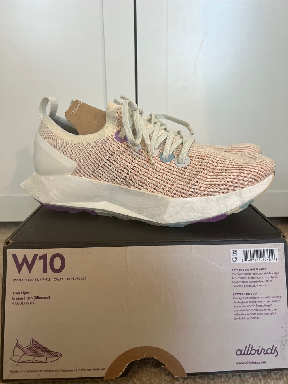 allbirds Tree Flyer Knit Sneakers in Cream with Purple Accents